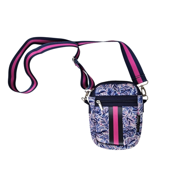 Simply Southern Neobag Blue Leaf Print Mini Crossbody Bag with Striped Strap - Picture 1 of 9